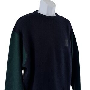 Vintage Faconnable Sweater Mens Medium Navy Green Wool Colorblock Crest Logo 90s
